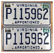 Virginia 1994 APPORTIONED TRUCK License Plate Pair P115962! 