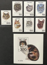TANZANIA CAT STAMPS SET 7V +  S/S 1992 MNH PERSIAN ABYSSINIAN HAVANA FELINE PETS