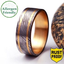 Customized Double Brass Sleeve Inlay Flat Damascus Steel Ring Mens Band For Him