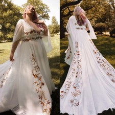 Bohemian Long Sleeves Wedding Dresses A Line with Embroidery Flowers Bridal Gown