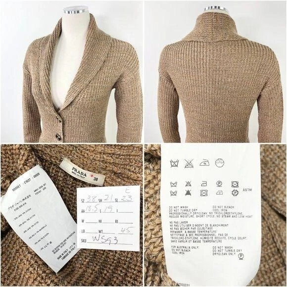 Prada 38/4 Shawl Collar Cardigan Melange Camel Melange Chunky Knit Wool Cotton E - Image 4 of 4