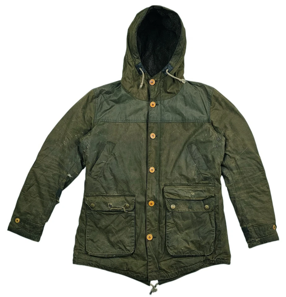 LO ÚLTIMO Abrigo Para Hombre BARBOUR @ GAME PARKA CAPUCHA FORRADO POLAR Cremallera ENCERADO OLIVO L (*Ajuste M) Foto 2 de 4