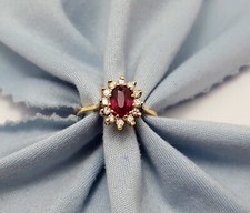 Elegant 14K Karat Solid Yellow Gold Designer Oval Ruby  Diamond Ring Size 5