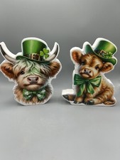 Hobby Lobby St. Patrick  s Day Highland Cow Wood Sign Wall Decor Set NEW