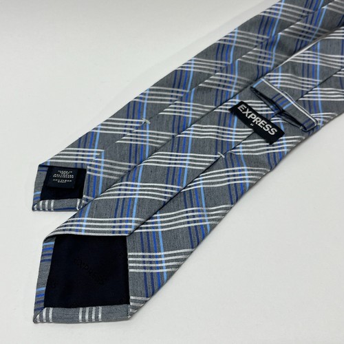 Express Men's Neck Tie - Gray Silver Blue Plaid Slim Width Woven Texture - Picture 3 of 7
