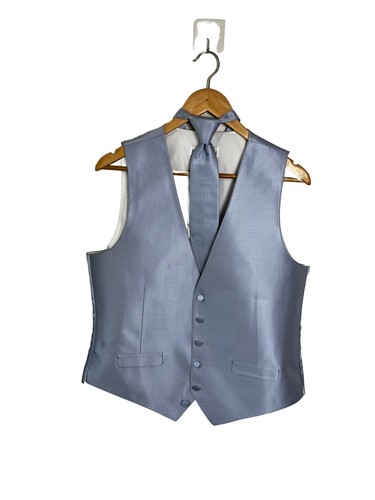 MEN'S M SKY BLUE SATIN FORMAL TUXEDO VEST, TIE, HANKIE SET WEDDING, PROM, DRESS - Picture 6 of 8