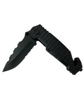 New Black TACTICAL RESCUE KNIFE Spring assist 3 1/4" Serrated blade Belt cutter