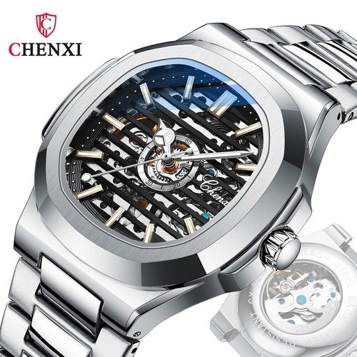 CHENXI Men Watch Luxury Automatic Mechanical Watches Skeleton Steel Wristwatch - Afbeelding 1 van 12