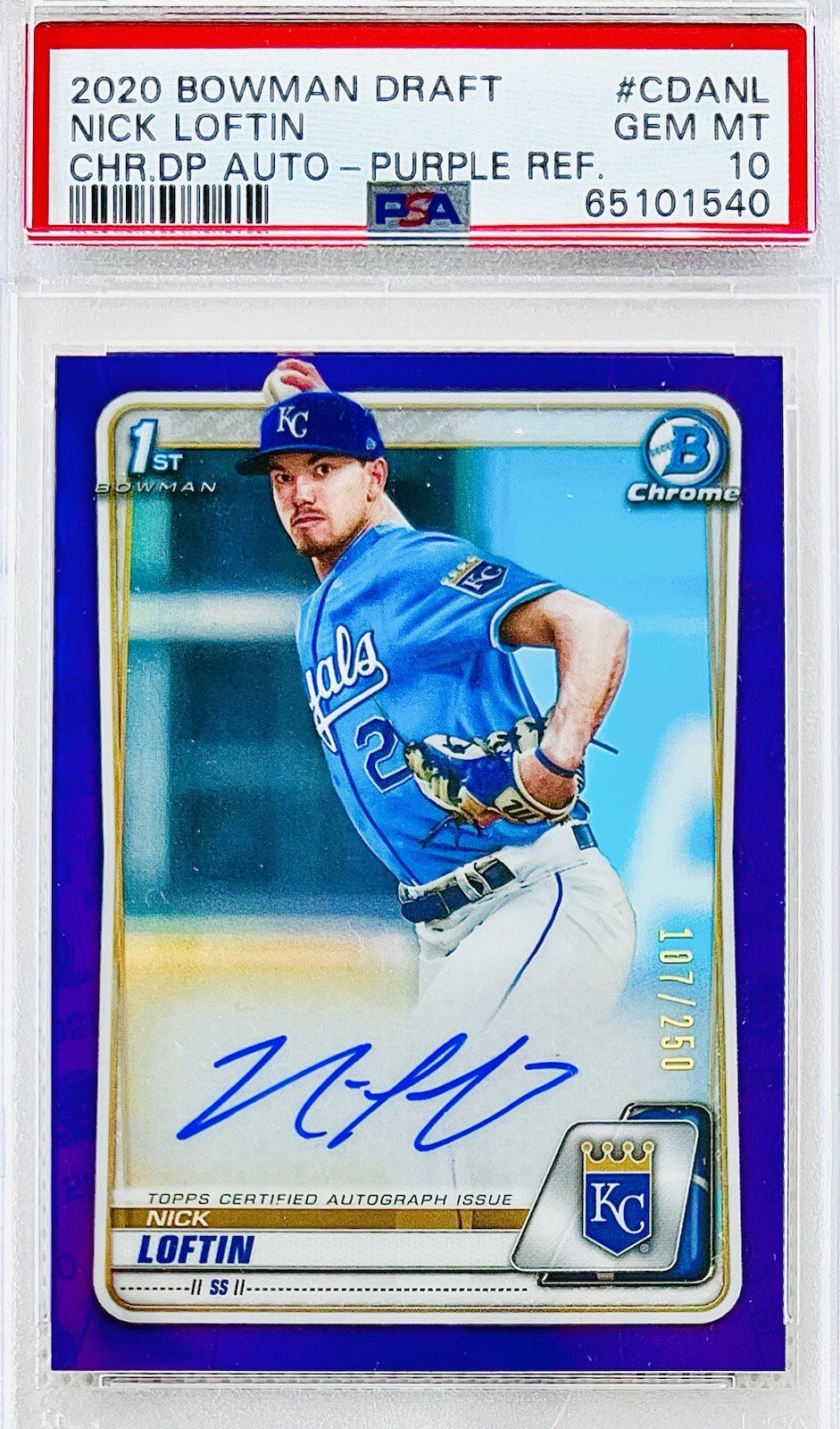 2020 Bowman Chrome Nick Loftin 1st Bowman Auto Purple SP #/250 PSA 10 💎