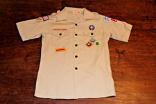 Boy Scouts of America BSA Youth Shirt Tan Large Sewn Patches Short Sleeve Spot