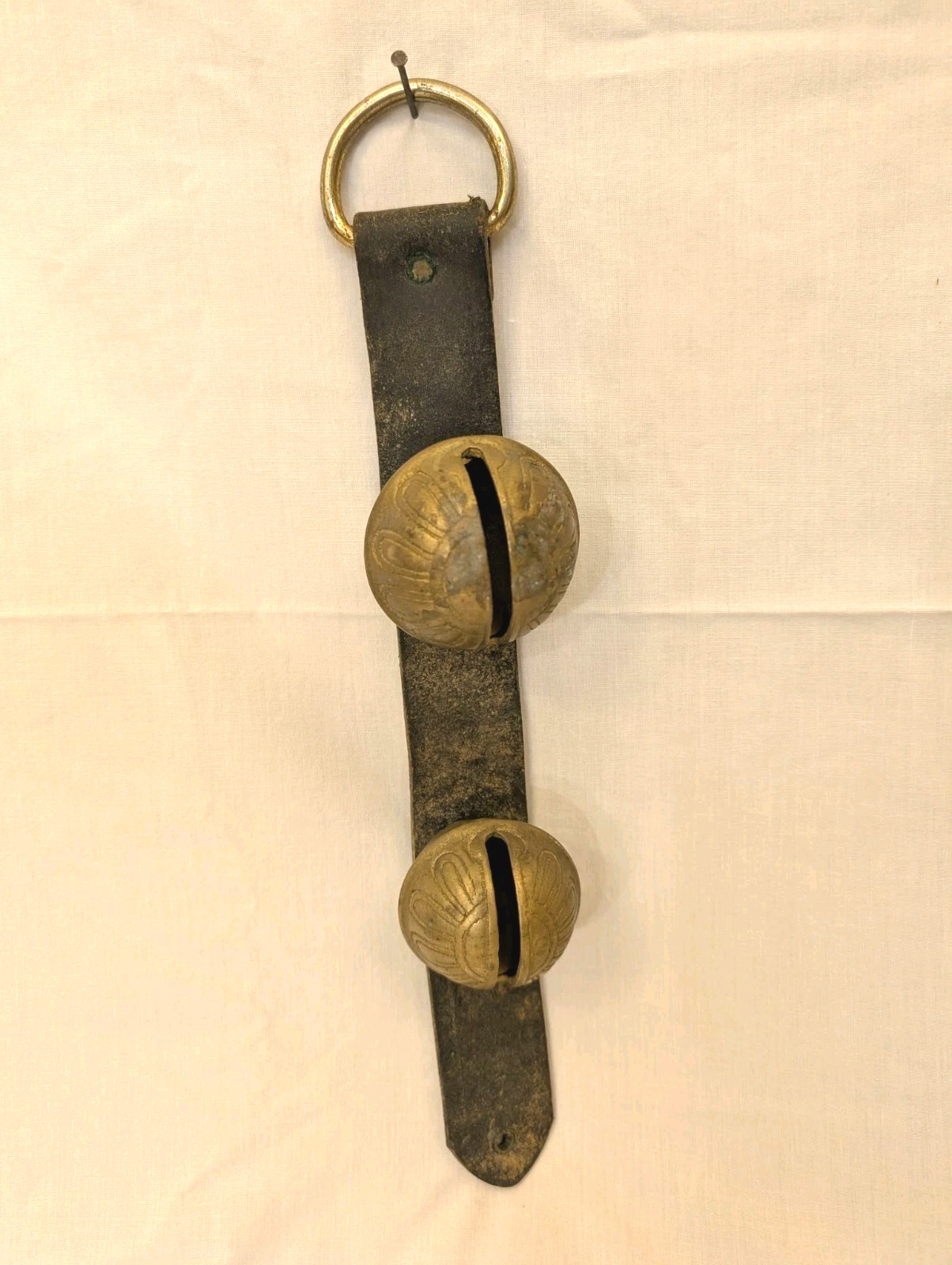 Early Antique Horse Brass Pedal Sleigh Bells on Leather Strap