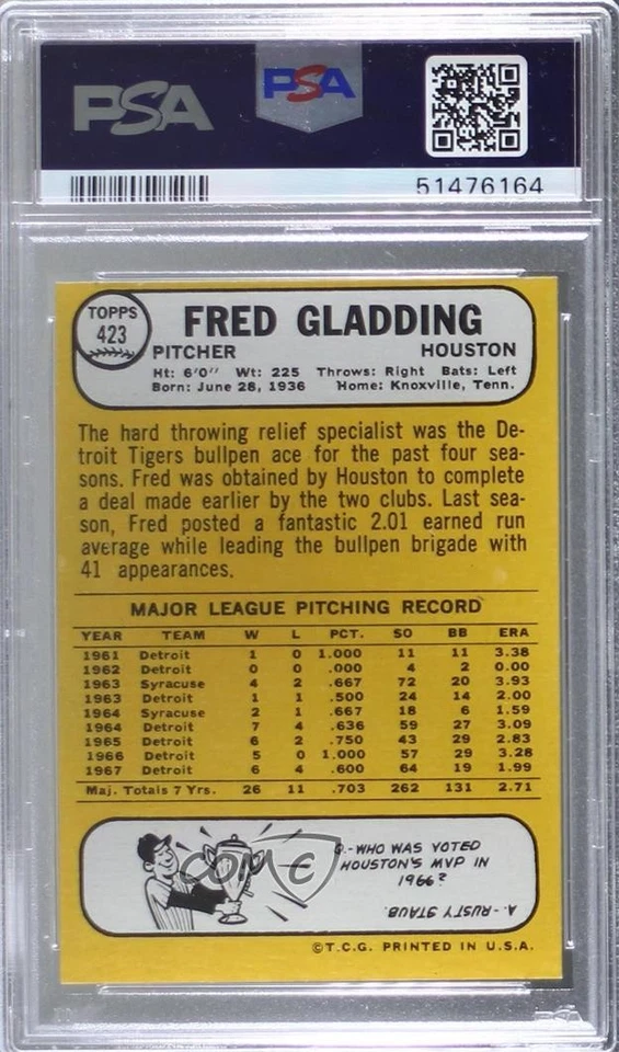 1968 Topps Fred Gladding #423 PSA 9 MINT - Image 2 of 2