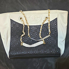 Tory Burch Black/White Tote, Gold Chain Shoulder Straps, Magnetic, Pockets