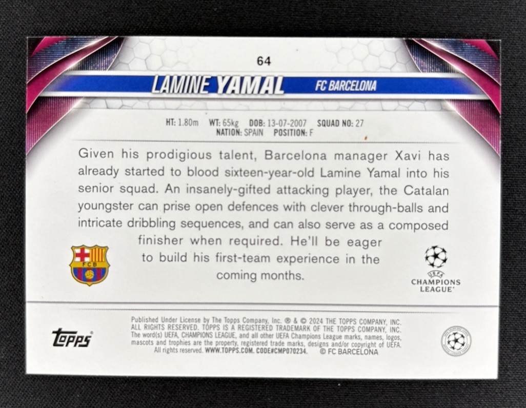 2023-24 Topps UEFA Club Competitions Lamine Yamal #64 Rookie RC view 2
