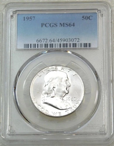 1957 P Franklin Half Dollar PCGS MS64 95% FBL Frosty Luster New Holder #J205T