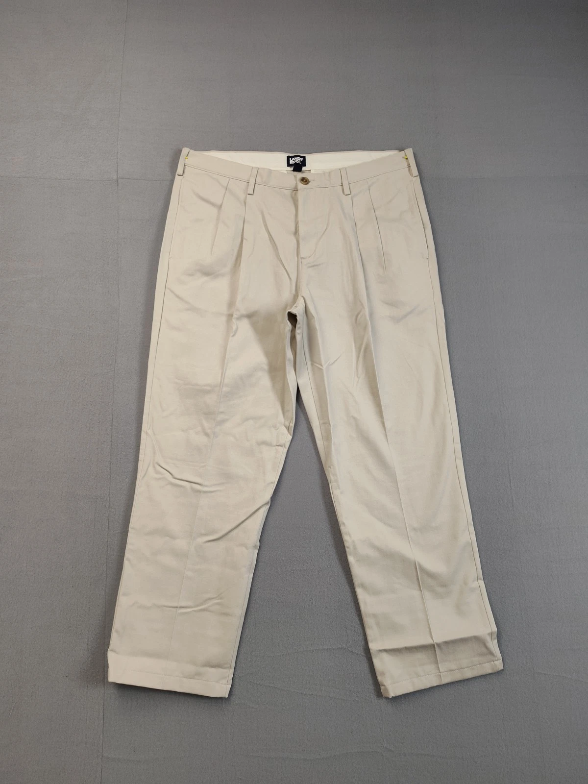 Lands End Men Pant 38 Beige Chino Pleated Casual Formal Office Workwear Relaxed
