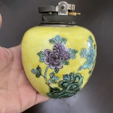 Vintage Japanese Porcelain Table Lighter Mid-Century Floral - Yellow & Purple