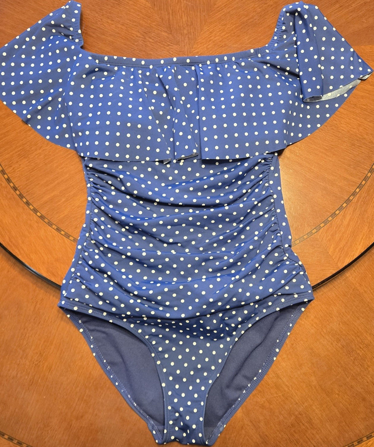 Lauren Ralph Lauren Blue White Polka Dot Off Shoulder One Piece Swimsuit US 8