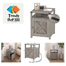 Farmhouse Nightstand with Charging Station, Rustic End Table Bedroom with Sto...