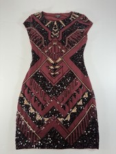 Express Sequin Sheath Dress Womens S Burgundy Gold Art Deco Aztec Geometric Mini