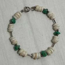Turquoise Nugget & Pukka Shell Beaded Bracelet with Silver Hardware 7" Retro