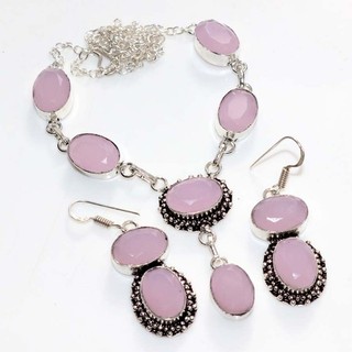 Grazioso set orecchini collana placcato argento 925 calcedonio rosa 18|2" trendy GW