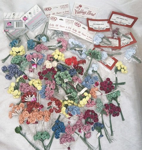 Vtg Lg Lot Mini Satin Ribbon Rose Flowers Wire Stem NOS Multi Colors