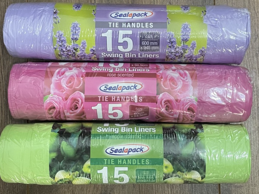 3 Rolls of 15L Swing Bin Liners Tie Handles Scented Bin Bags Apple Rose Lavender