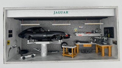 Handmade Jaguar E-Type Restoration Garage Diorama Display Case with Glass