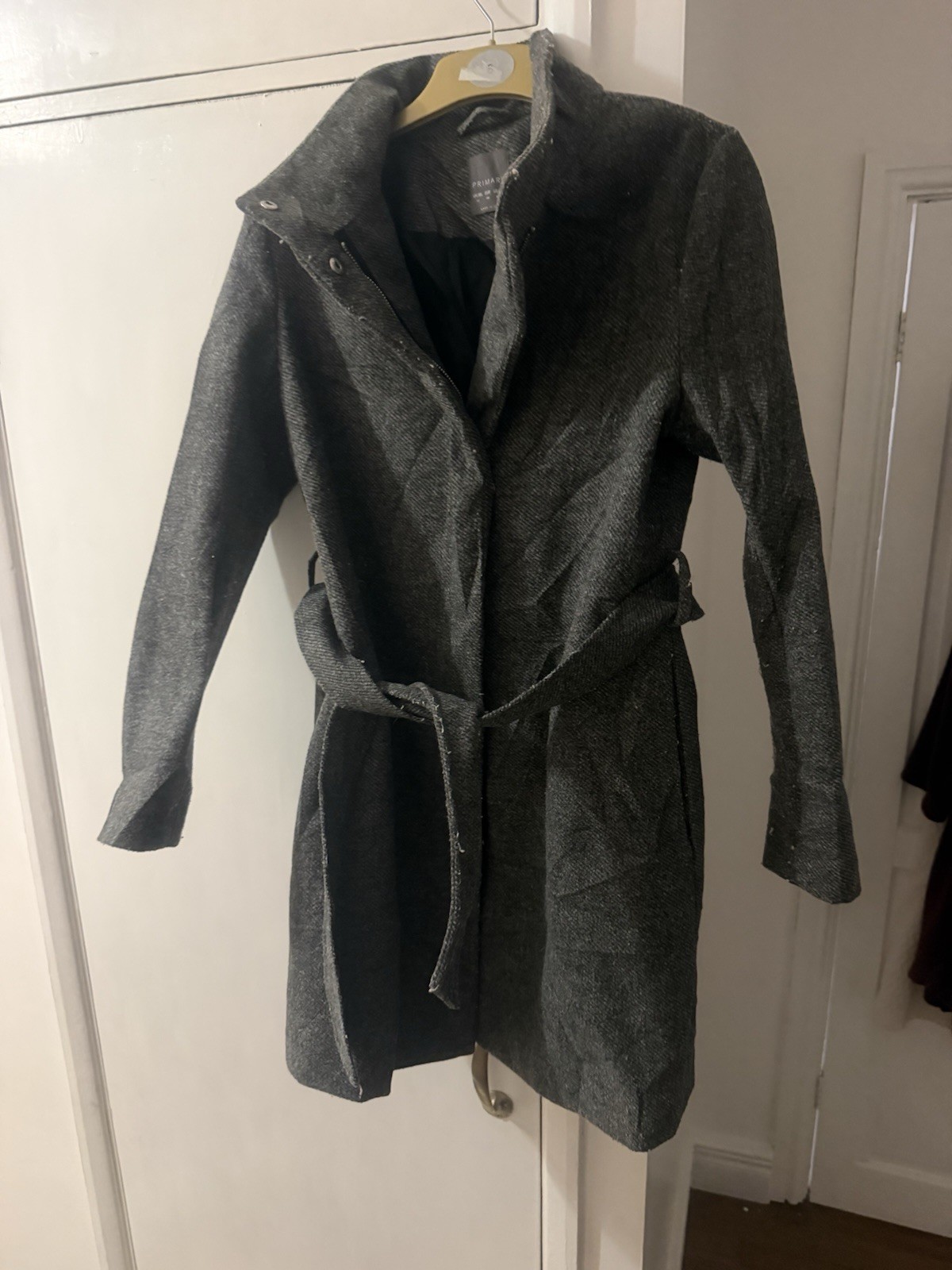 Primark Women’s Grey Herringbone Tweed Trench Coat Belted, Size 12 Regular image 2