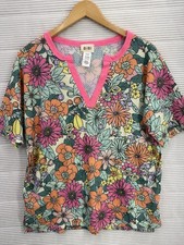 Bibi Short Sleeve Notch Neck Vibrant Retro Floral Waffle Knit Shirt Top Size S