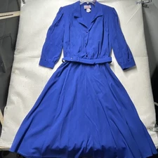California Looks VTG 70s Shirt Dress Sz 12 Solid Blue Midi Belted Preppy Geek