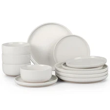 HaWare 12-Piece Stoneware Dinnerware Set for 4, Plates & Bowls, Speckled White