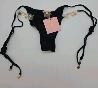 Moda Minx Bikini Bottoms Low-waisted String X Gold Decorative Metal New
