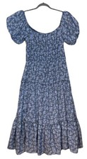 Trixxi Tiered Midi Maxi Peasant Dress Size L Blue Floral Puff Sleeve Cottagecore