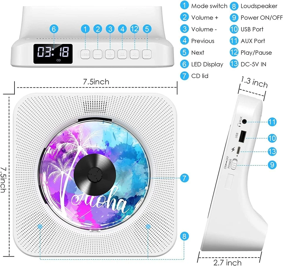 CD Player mit Bluetooth HiFi Lautsprecher Fernbedienung FM-Radio AUX/USB Tragbar - Bild 2 von 4