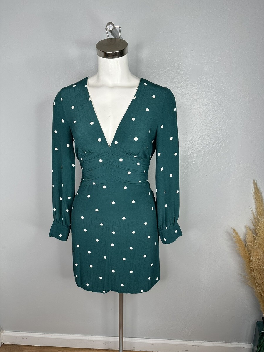 green polka dot dress topshop TopShop Polka Dot Ruched Green & White Mini Dress Sz 4