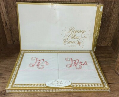 Vintage Regency Pillow Cases by Pioneer Mr & Mrs Set Embroidered Cover NEW