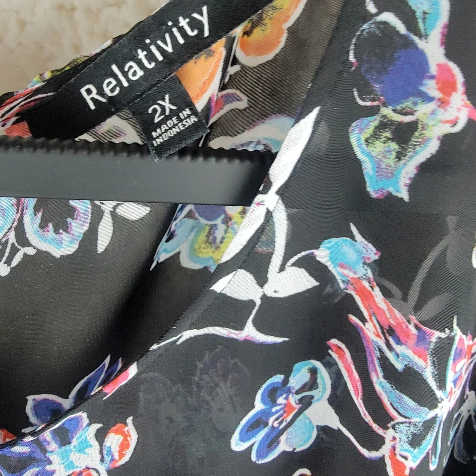 Relativity Top Womens 2X Floral Print Sheer Bell Sleeves Blouse Flowy Peasant - Image 2 of 4