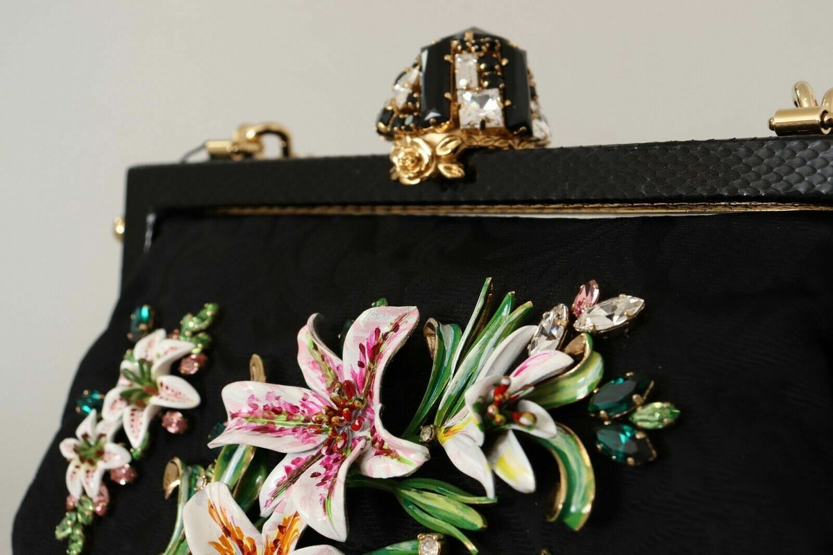 DOLCE & GABBANA Bag Purse VANDA Black Floral Crystal Shoulder