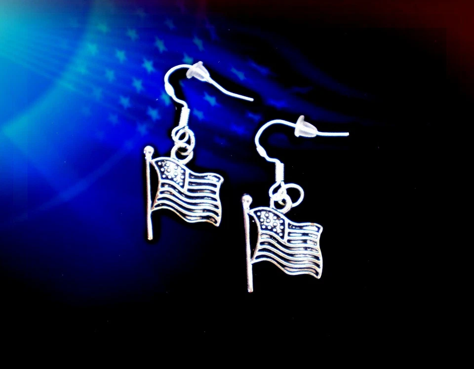 BUY 2 GET 1 FREE~JULY 4TH PATRIOTIC USA AMERICAN FLAG MILITARY SILVER EARRINGS - Image 2 of 4