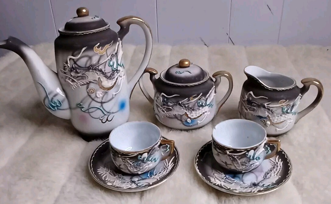 Vintage Enesco Imports Japanese Hand Painted Moriage Dragon Tea Set For 2