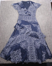 Chaps Dress Women S Navy Paisley Full Length Flutter Sleeve Country Club Elegant