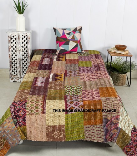 Couverture Patchwork Kantha Indien Vintage - Brodée Main, Coton, Style Gudari Beige