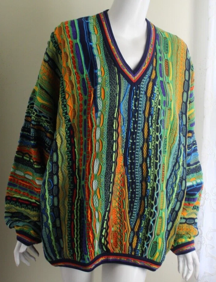 New Tundra Sz XL GREEN AMAZING Art to Wear Cotton Sweater Coogi Style
