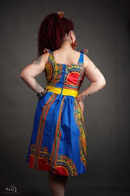 Afrikanisches Kleid Africa Wax Print Stoff Sommer Kleid Gr. M/L + Stirnband