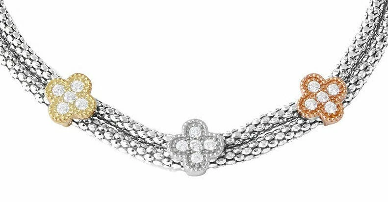 PULSERA TRÉBOL ORO BLANCO 14K SOBRE PLATA DE LEY 925 3 TONOS / 8"" AJUSTABLE Foto 3 de 3