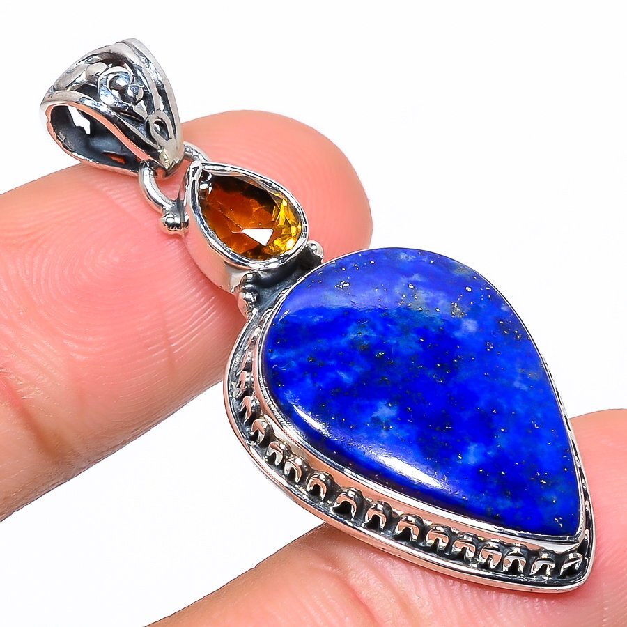 Natural Lapis Lazuli Citrine Pendant in Solid 925 Sterling Silver 1.85 Inch Gift