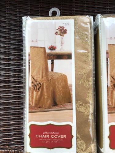 2 NEW Gold Scroll Chenille Armless Dining Room Chair Cover~Gold Up To 42” - Picture 3 of 4