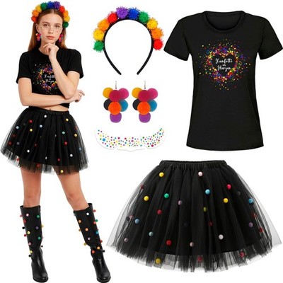 Damen Kostüm Set M Karneval Konfetti T-Shirt Tutu Regenbogen Zubehör